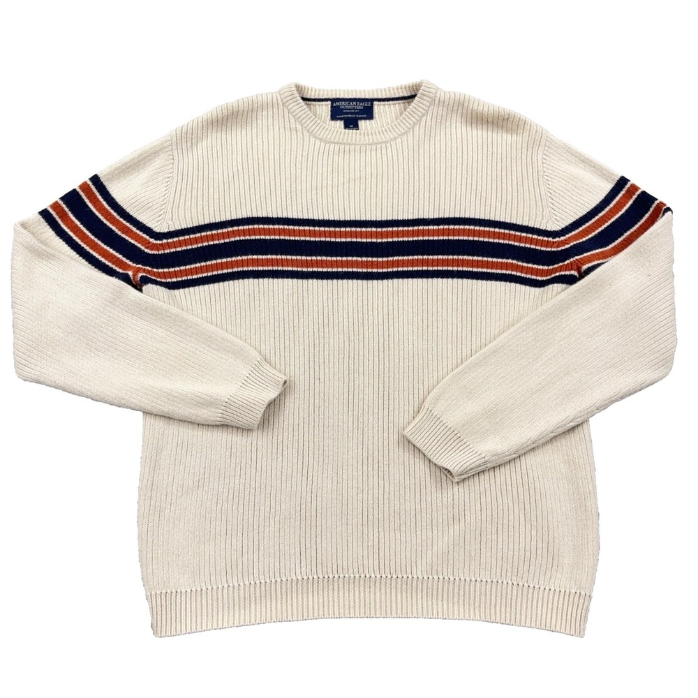 Vintage Y2K American Eagle Sweater Men Medium Cream‎ White Chunky Knit Stripe